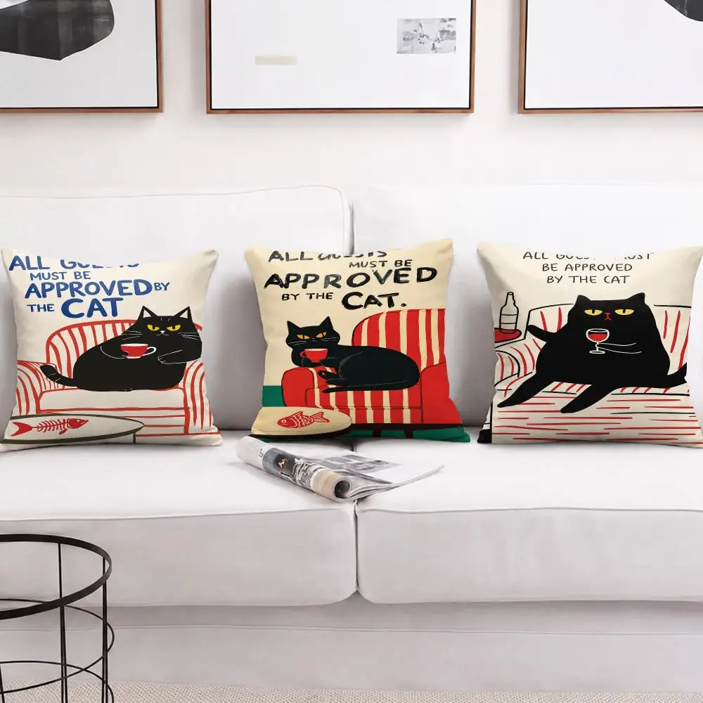 Cat Guest Approval Cushion Cover Plush Fabric Soft Double-Sided Printed Sofa Warm Winter Home Gift Pillow Cover