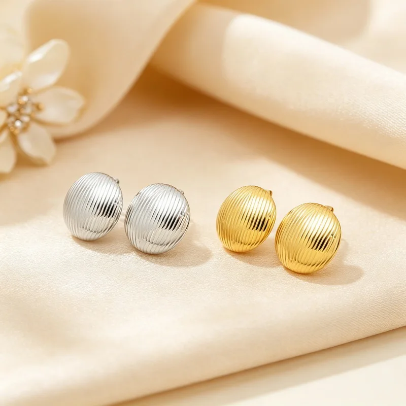 Kalen Gold Silver Tone Ridged Oval Bean Stud Earrings Stainless Steel Vertical Line Texture Earrings Ladies Elegant Jewelry Gift