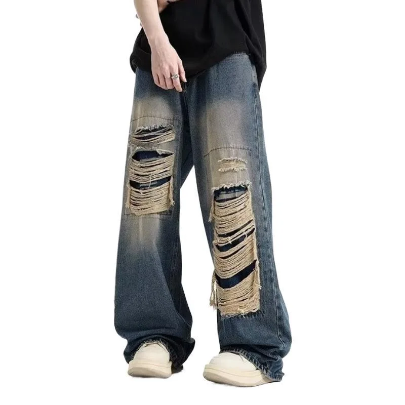 American jeans, retro jeans, ripped jeans, men's jeans, loose jeans, straight leg pants