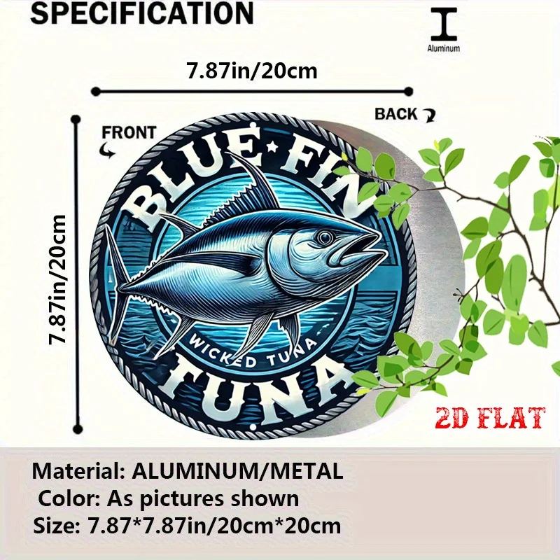 2D Flat, 2D Flat 1pc Tuna Graphic Round Aluminum Sign, Ocean Life Metal Tin Sign - Seafood Illustration Rustic Metal Wall Art,