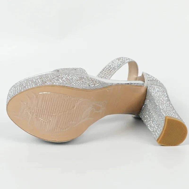 Luxury Women High Heels Sexy Silver CRYSTAL Diamond Square Sandals Woman Open Toe Designer Hook Strap Wedding Elegant Pumps Shoe
