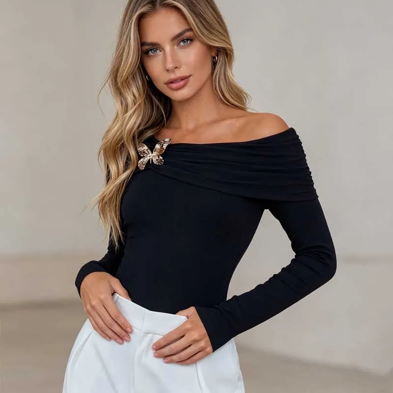 Elegant Off-Shoulder Women Blouse with Butterfly Brooch Fashion Long Sleeve Top 2026 Spring Autumn New Slim Fit Casual Shirts