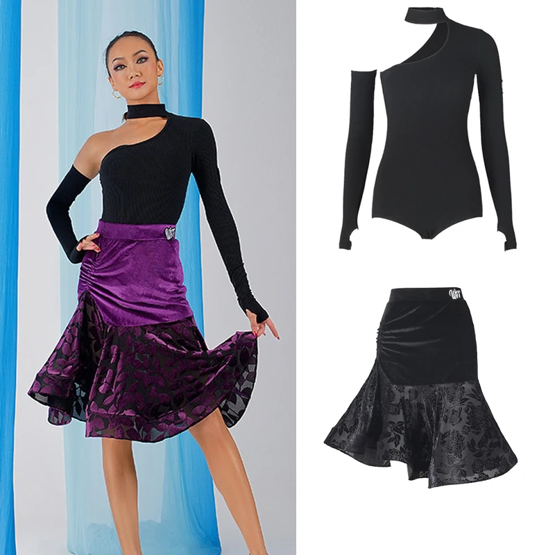 2025 Latin Dance Costumes Women Cutout Latin Top Velvet Skirt Ballroom Dancing Clothes Adults Samba Rumba Dance Wear SL5773