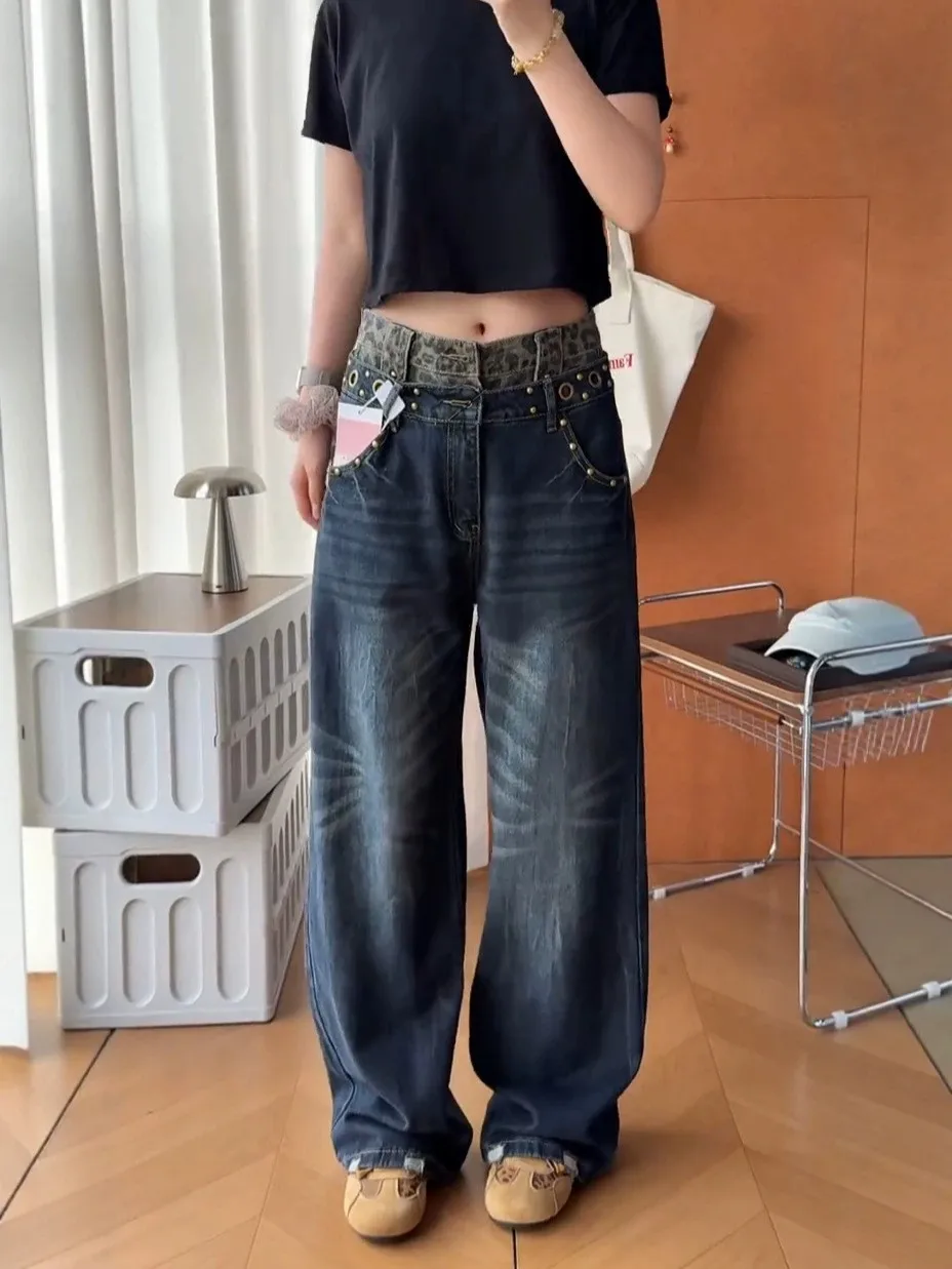 plus Size Vintage Leopard Print Double Waist Denim Jeans Women's Loose Casual Wide Leg Long Pants High Waist Rivet Medium Wash