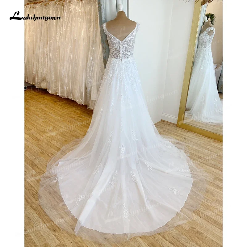 Boho uma linha vestidos de casamento para as mulheres sexy decote em v botão traseiro miçangas rendas apliques vestidos de noiva varredura boné manga robe de mariée