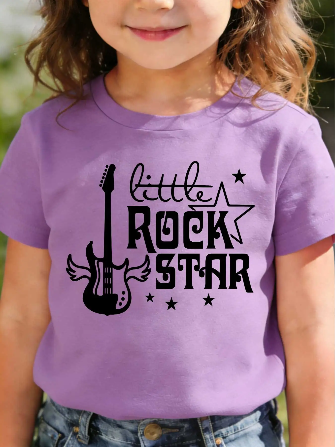 Camisetas infantis de manga curta para meninos e meninas, soltas e respiráveis, pequena estrela do rock, guitarra elétrica, citação de estrela do rock