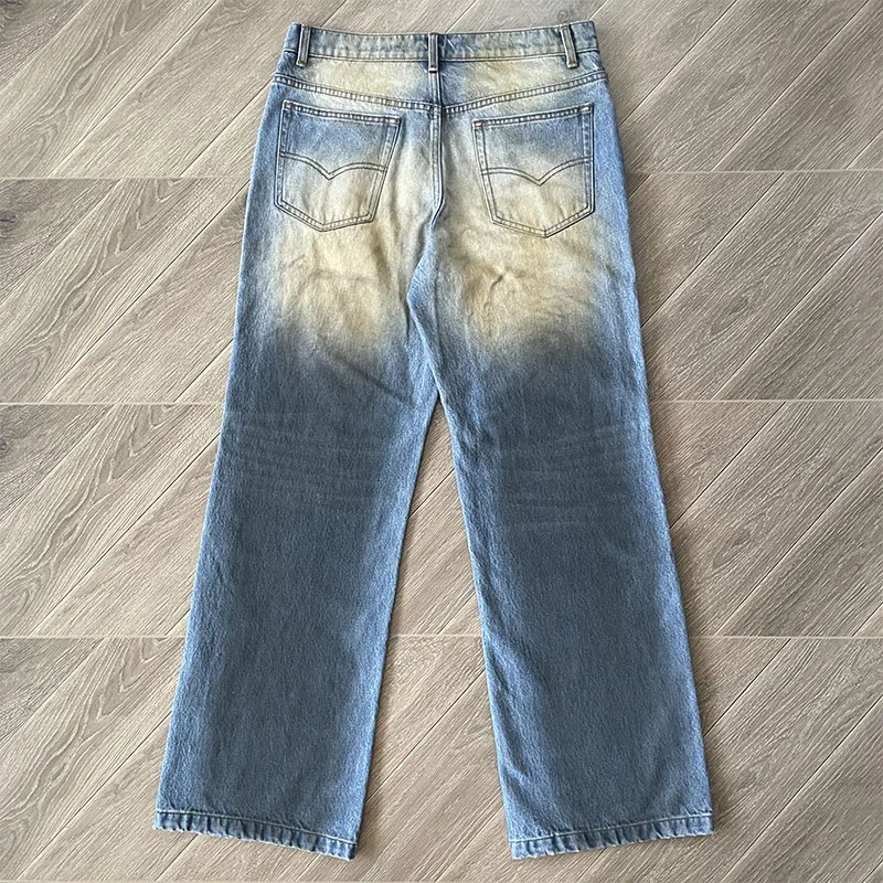 Stain Mud Vertabrae Patchwork Embroidery Washed Casual Loose Straight Jeans Men Women American High Quality Cargo Fashion Pants
