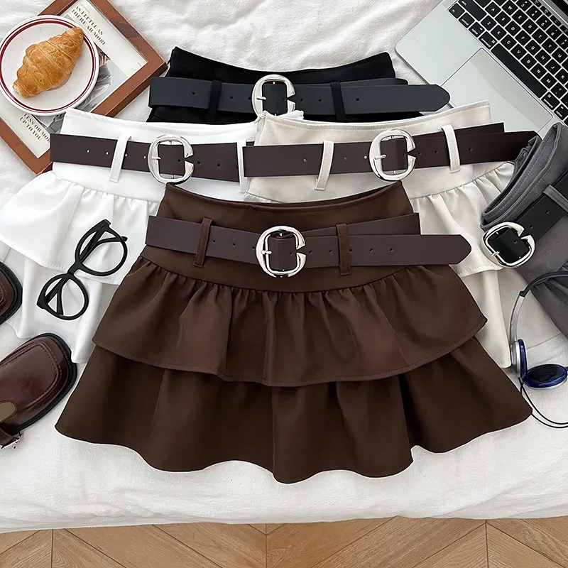 

Женская коричневая мини-юбка в корейском стиле, модная винтажная юбка с высокой талией, двухслойная юбка А-силуэта с рюшами, пышная юбка для женщин, летняя