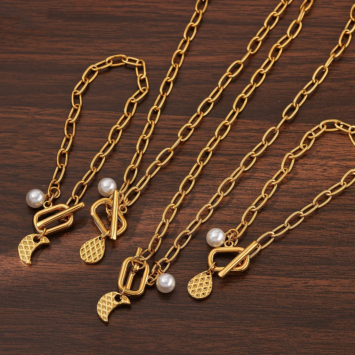 

Women's Chunky Stainless Steel Moon Water Drop Pendant Necklace Bracelet Jewelry Sets with PVD Coated OT Clasp for Birthday Gift