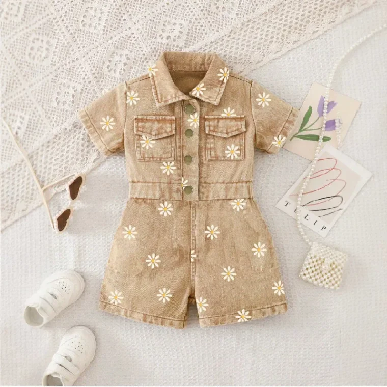Toddler Girl Denim Romper Daisy Print Short Sleeve Jumpsuit Summer Outdoor Casual Playsuit Little Kid Picnic Travel Outfit ZYD47