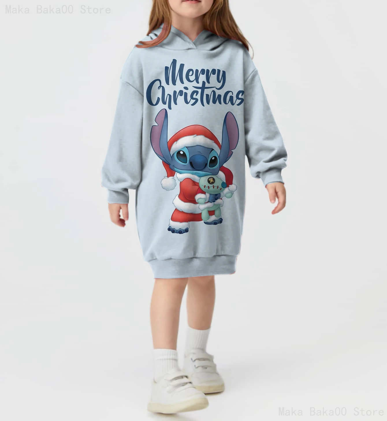 

Youth autumn and winter loose hooded skirt Christmas series Disney Stitch print fashion trend street girls sweater dress