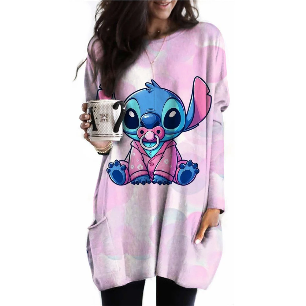 Spring and Autumn Girls Harajuku Disney's Lilo & Stitch Printed T-shirt Long Sleeve Round Neck T-shirt Korean Casual Extra Large