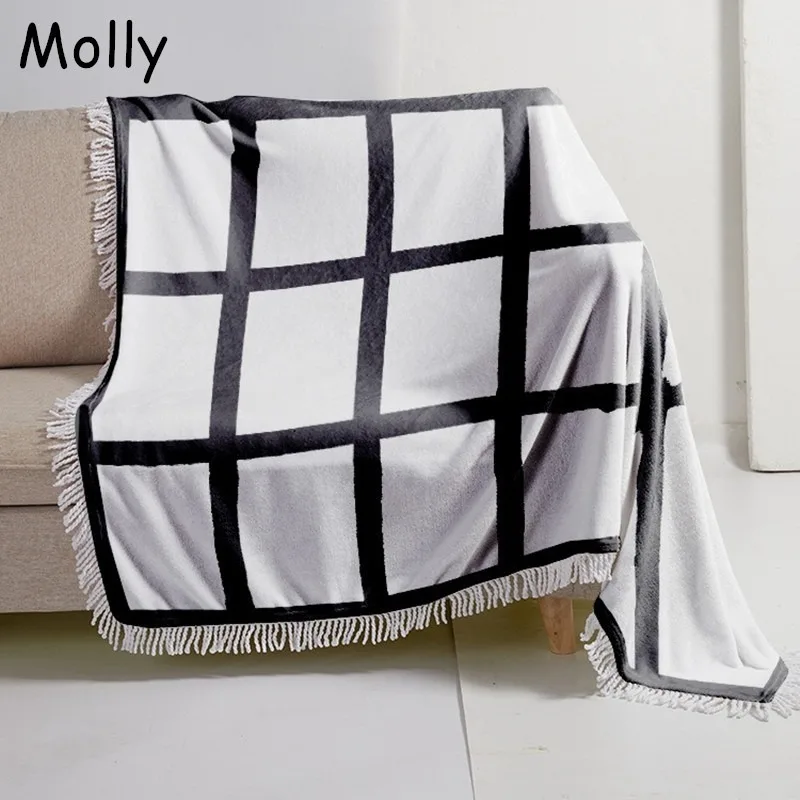 

Nordic White Black Flannel Printed Plaid Blanket with Tassels Fluffy Soft Throw Blanket for Sofa Bed Chair Coral Fleece Blankets