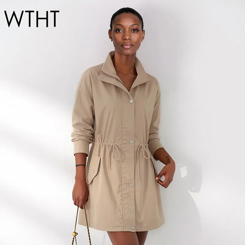 WTHT 2026 Summer Fashion Women Drawstring Elastic Waist Design Trench Coat Trendy Lapel Long Sleeve Casual Jacket Female 1LS3048