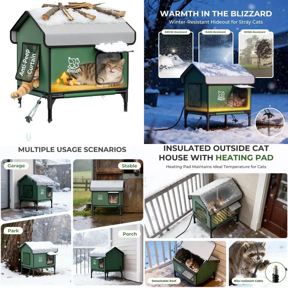 

Утепленный уличный домик для кошек с электрической грелкой и шторками от посторонних взглядов для зимнего использования