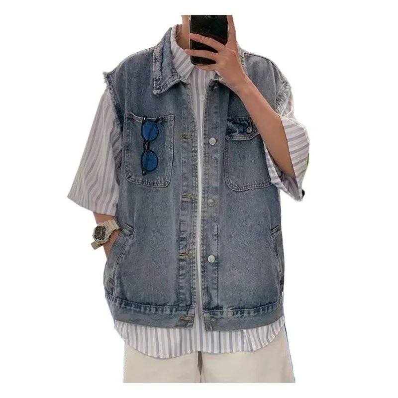 سترة رجالية للخريف موضة فضفاضة بكتف منسدل سترة مغسولة عتيقة لربيع الخريف متعددة الاستخدامات بدون أكمام #5