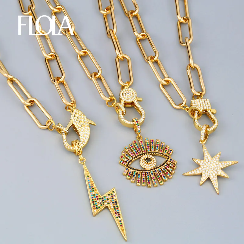 FLOLA Gold Plated Fatima Hand Evil Eye Necklaces for Women Copper Zircon Horn Lightning DIY Necklaces Jewelry Making Gift nkeq81