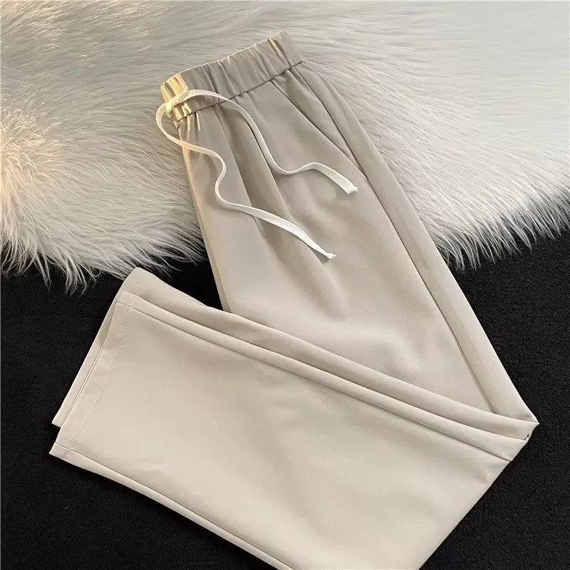 

Khaki Summer Men's Casual Pants Loose Elastic Waist Wide Leg Straight Cut Slimming Long Trousers Faionable Harajuku Sle