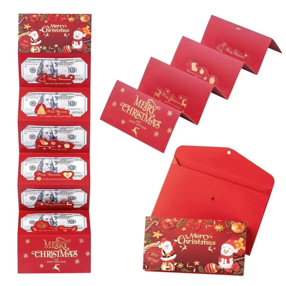 6 Slots Christmas Folding Red Envelop Snowman Gold Letter Christmas Card Holder with Envelopes Christmas Surprise Money Holder