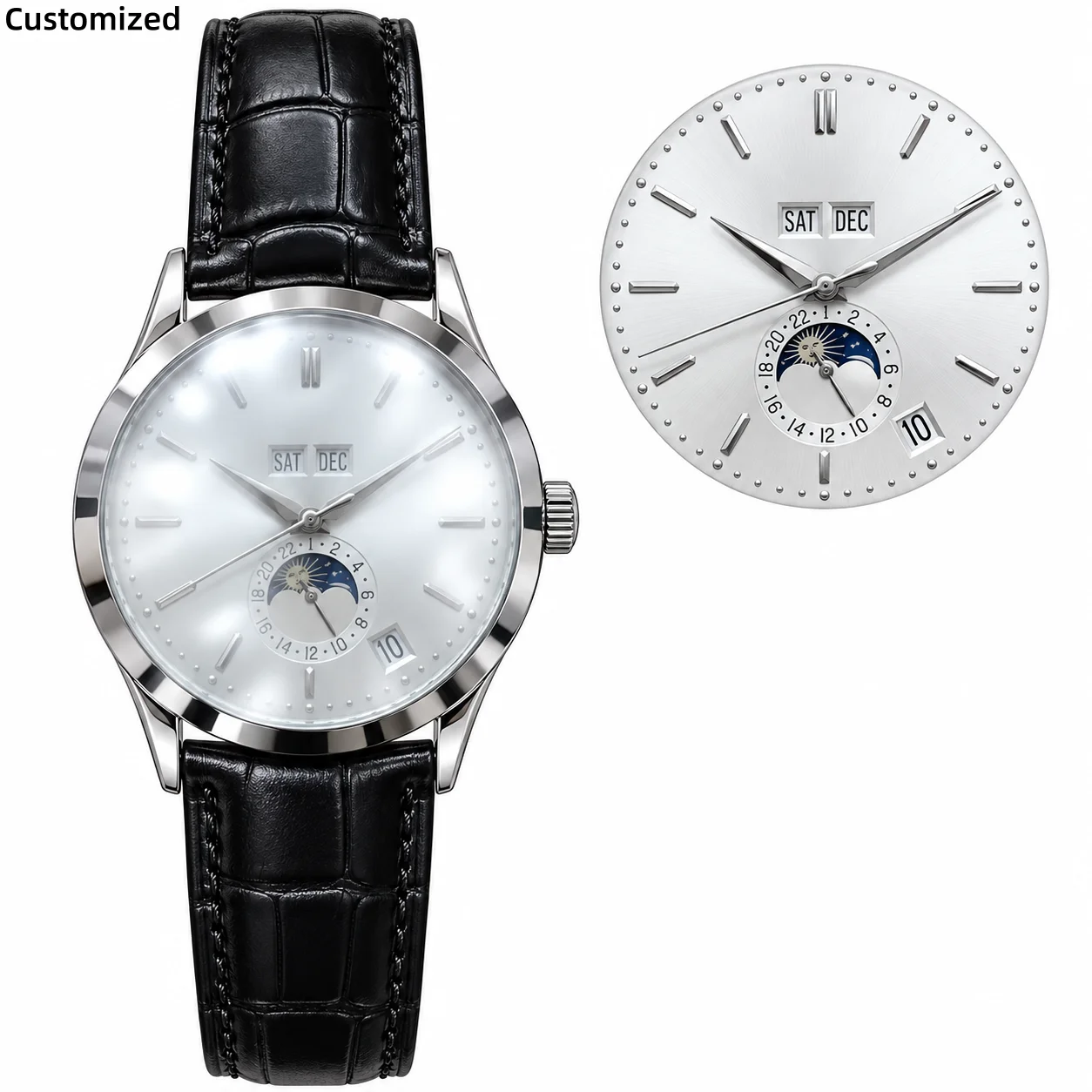 Men's 40mm-42mm Automatic Mechanical Watch Day Month Date Sun Moon Display Leather Strap Dress Wristwatch Customized