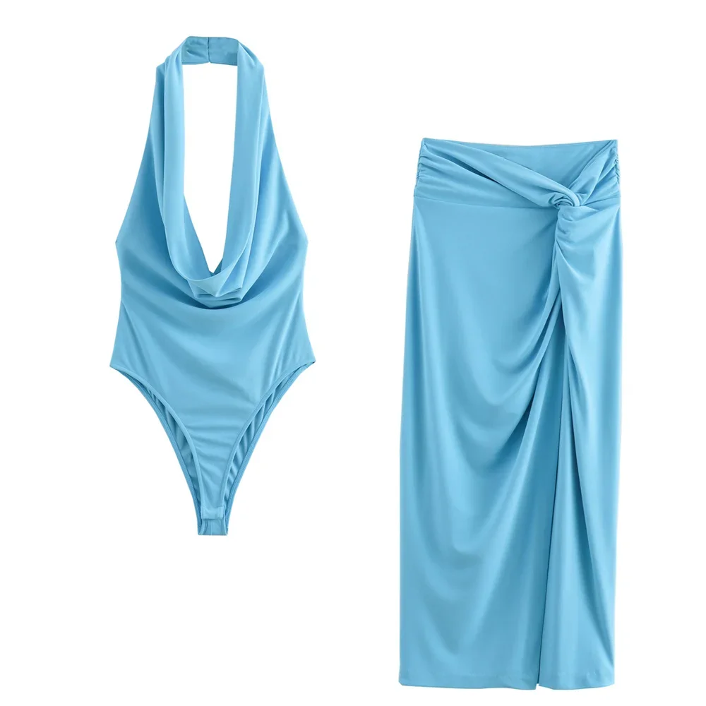 LIBIELIY LIBIELIY 2025 Summer New Women's European And American Style Pleated Decoration Hanging Neck Collar Jumpsuit High Waist