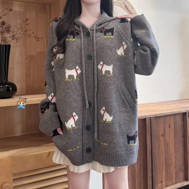 

Свитер трикотаж женская одежда ретро милый свитшот с капюшоном для собак свободный толстый теплый вязаный свитер для женщин зимний повседневный