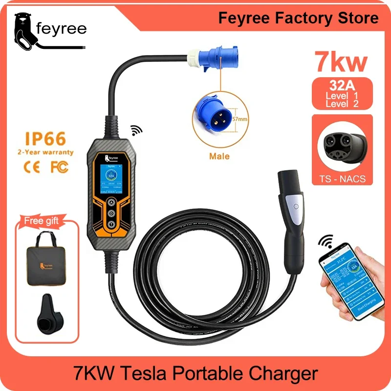 

feyree EV Charger Wallbox Tesla NACS Socket 32A 7KW 1Phase APP Control EVSE Portable Charging Box for Tesla Models 3/Y/S/X