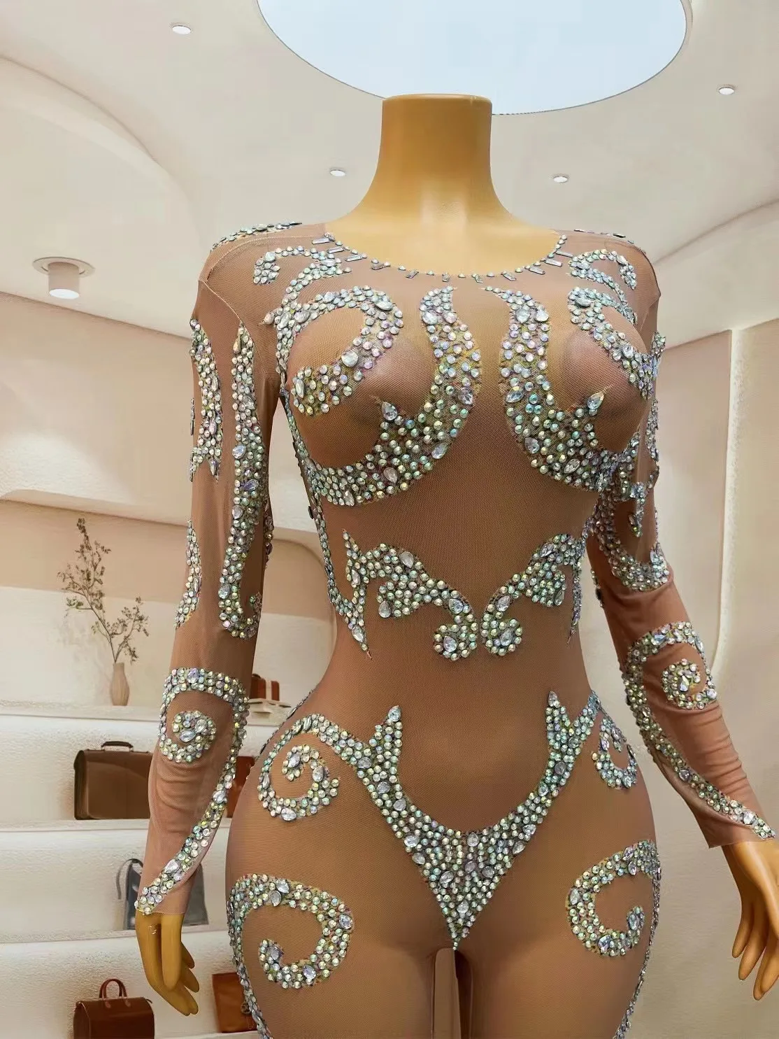 Mono transparente con diamantes de imitación, traje Sexy para baile, actuación de cumpleaños, cantante y Club