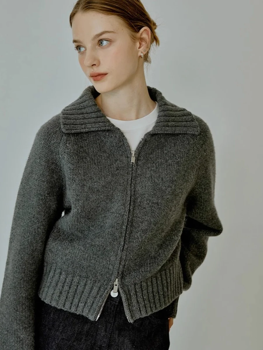 

Retro grey short cashmere sweater lapel sweater coat women's autumn and winter double zipper knit cardigan coat