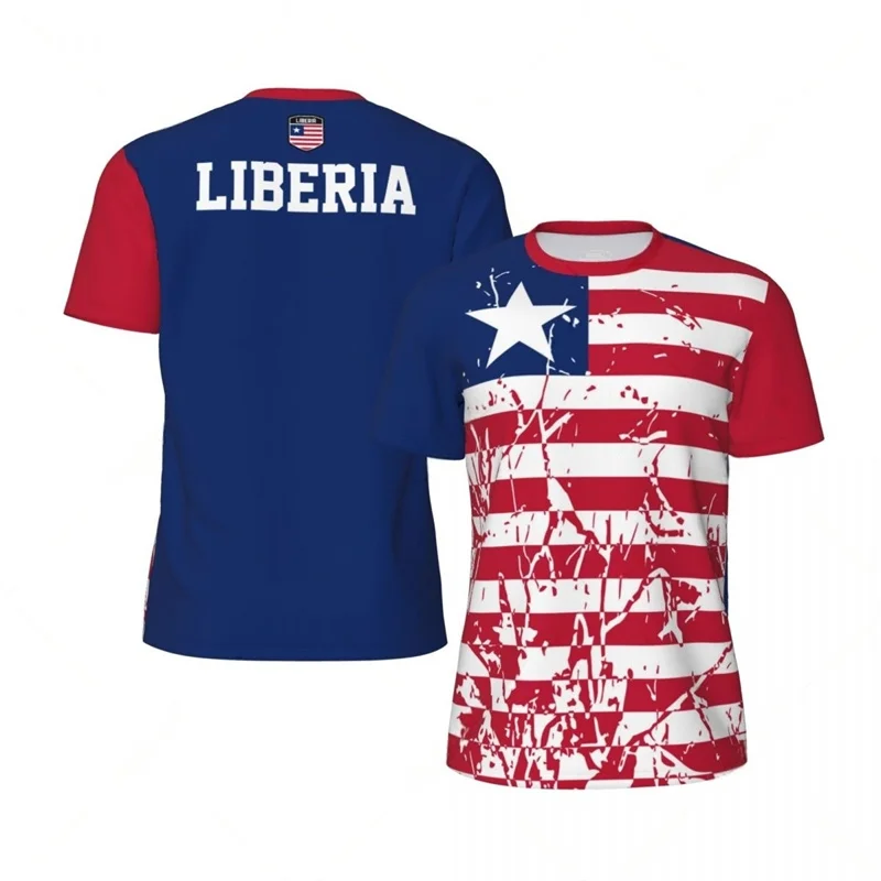 Men Liberia Distressed Flag 3D Print T Shirt Liberian Patriotic Star Stripe Short Sleeve Crew Neck Casual Sport Fan Tee Tops