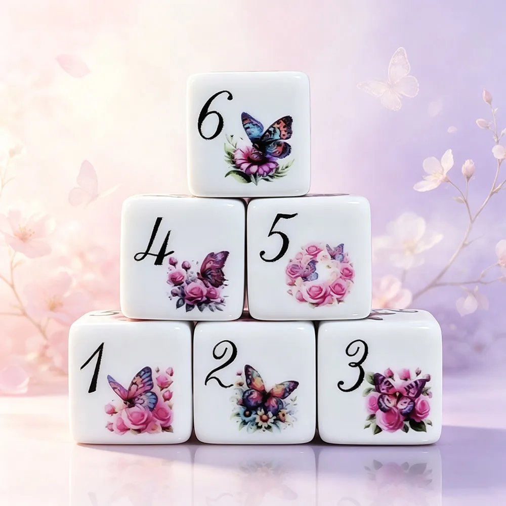 12Pcs 16MM D6 Printed Acrylic Floral Themed DND Dice Cute Pink Rose Butterfly 1-6 Sided Party Gaming Home Decor Festival Dice