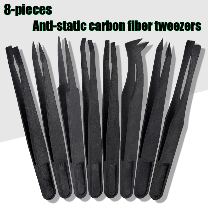 8Pcs Anti-Static Carbon Fiber Tweezers 8 Specifications Precision Tweezers High Temperature Resistance Multi-Functional Tweezers