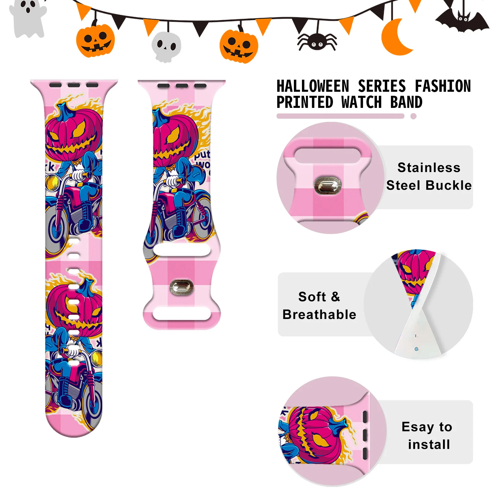 Correa con estampado de patrón de la serie Mischief de Halloween para Apple Watch Series 11/10/9/8/7/SE, correa de silicona suave impermeable 45mm 44mm 42mm