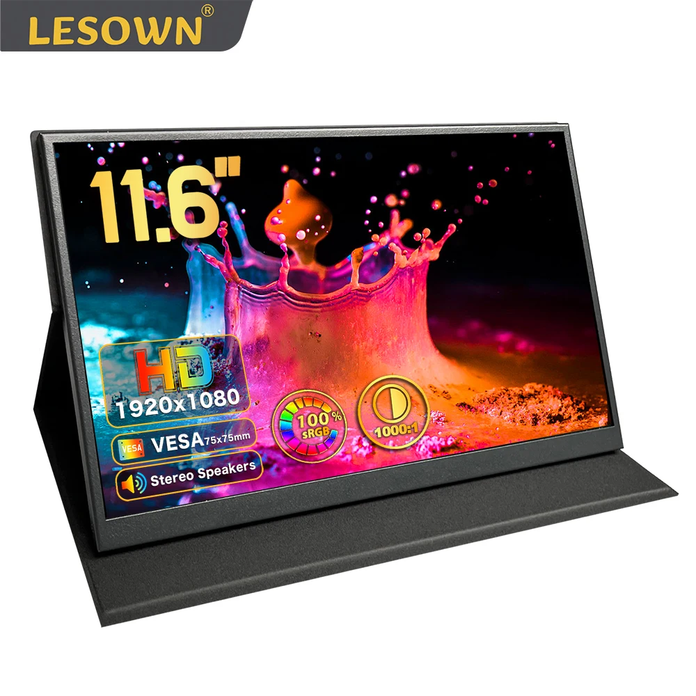 LESOWN USB Type-C Gaming Monitor 100%sRGB 11.6 inch 1920x1080 IPS Laptop PC Portable Wide Second Screen Monitor with Speakers