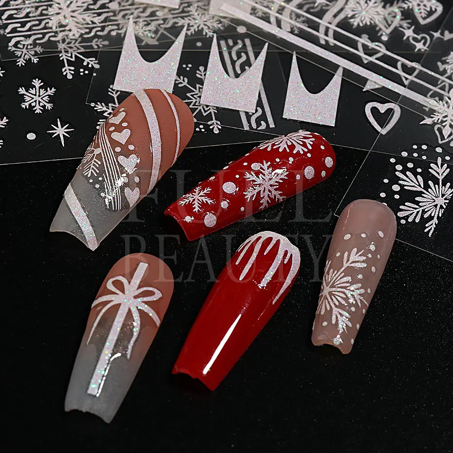 Glitter Christmas 3D Nails Stickers Snowflakes Xmas Elk Winter Snow Sliders Shiny Powder Design Heart French Nail Decals LS-J21