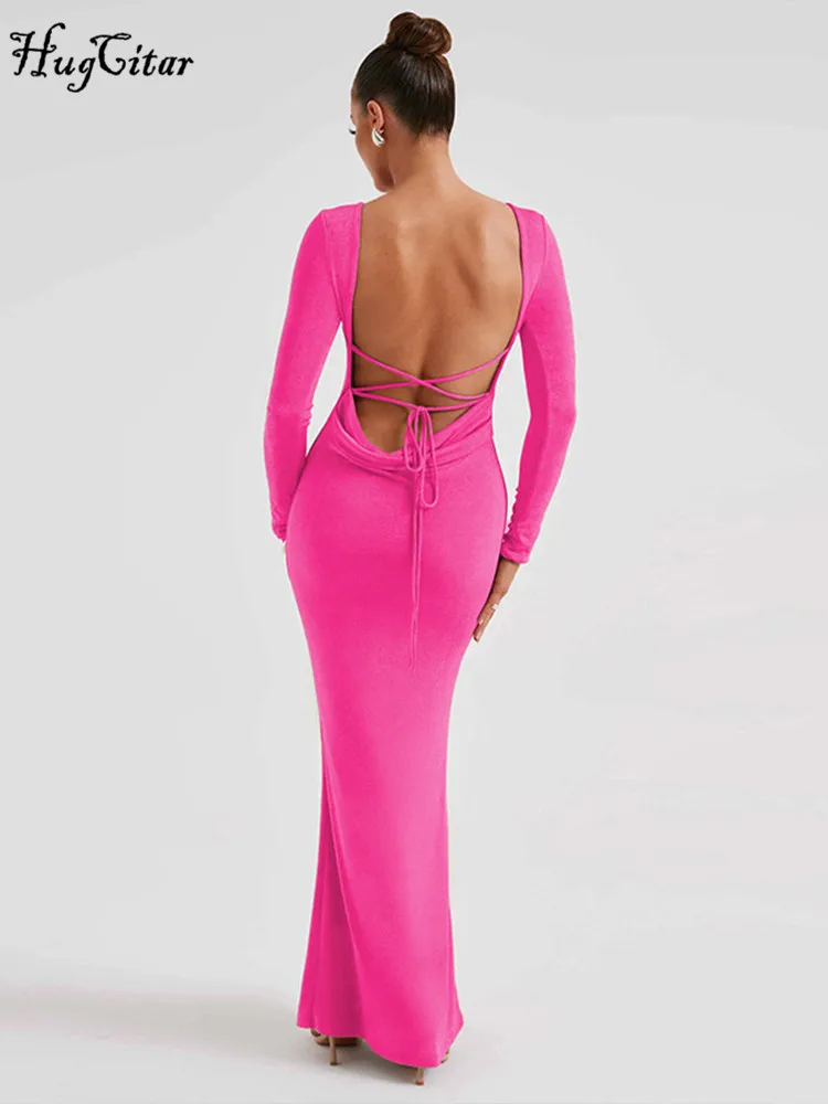 فستان طويل مكشكش من الدانتيل للنساء ، أكمام طويلة ، ملابس عارية الذراعين ، مثير ونحيف ، حفلة مسائية وحفلات زفاف ، أنيقة وأحادية اللون ، خريف