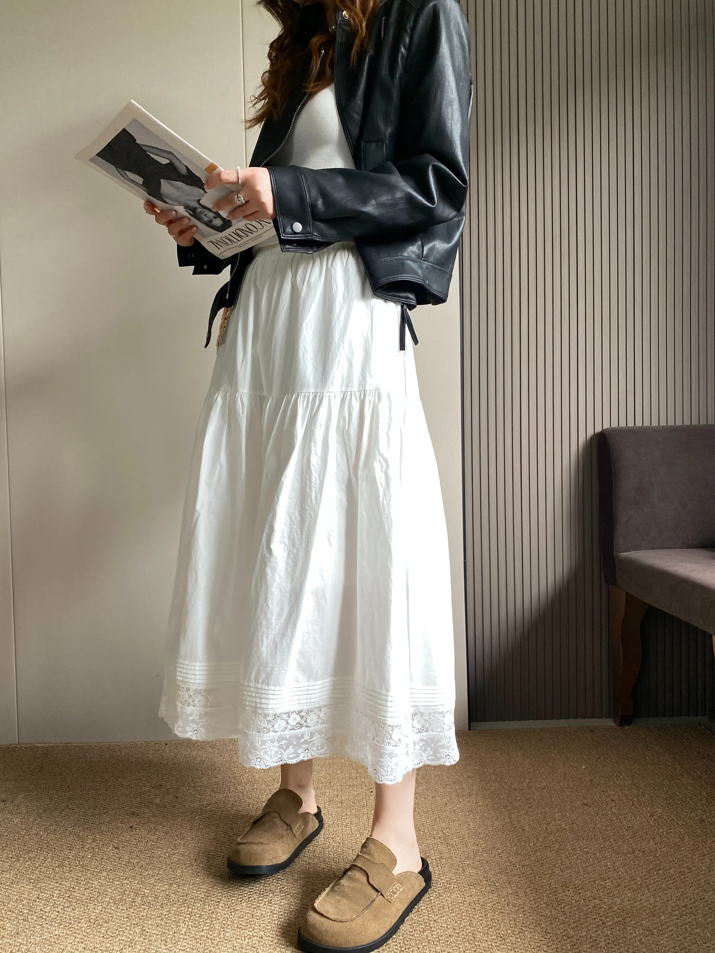 

Юбка А-силуэта с высокой талией и кружевной отделкой для женщин, дышащая, удобная, в корейском стиле, весенняя новинка, белая