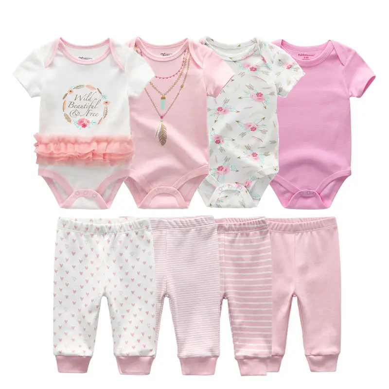 8点セット-0-1歳-乳児-男の子-デイリーウェア、マルチボウストライププリント-通気性コットン-ユニセックス-ベビーロンパース＆パンツセット