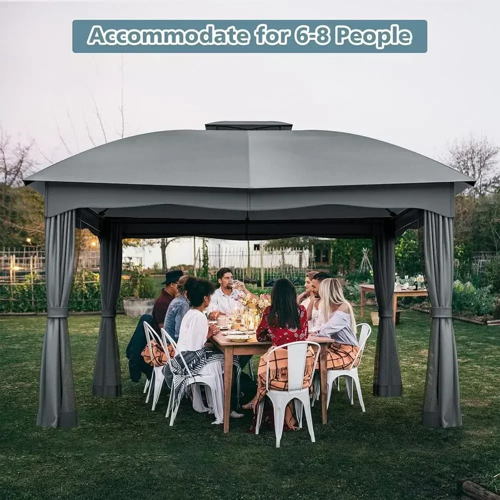 Double Vented 12x10 Patio Gazebo with Zippered Curtains, Mesh Netting for Outdoor, Garden, Yard, Poolside (Grey)