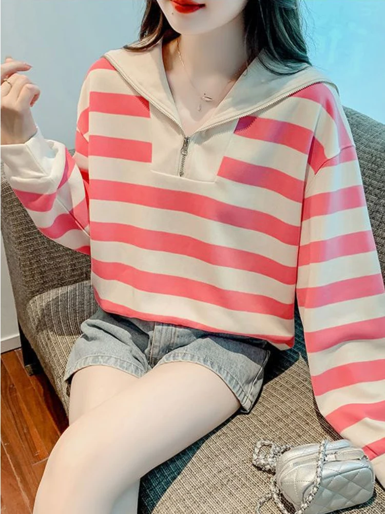 Striped Baggy Sweatshirts Women Sailor Collar Harajuku All-match Casual Clothing Autumn 4XL New Long Sleeve Korean Style Chic