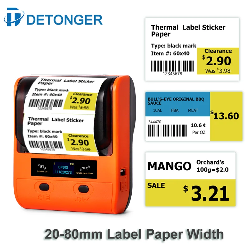 

DETONGER DP80S 30-80mm Mini Portable Thermal Printer Multifunctional Barcode Label Sticker Maker BT Android / iOS