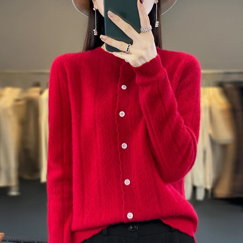 100 % Wolle, verdickter Pullover, Rundhalsausschnitt, hohle O-Ausschnitt-Tops, lange Ärmel, Basic-Kaschmir-Strickwaren, Strickjacke, Kleidung, Mantel-Tops