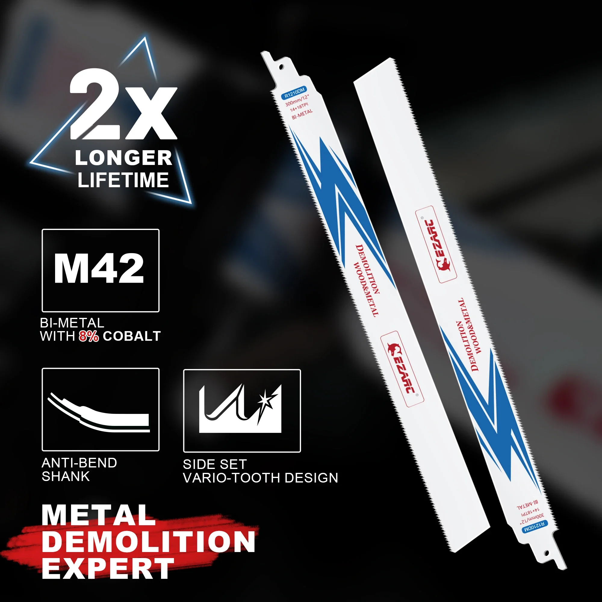 EZARC Reciprocating Saw Blade 12-Inch Bi-Metal Reciprocating Blades 14+18TPI for Steel Demolition R1210DM