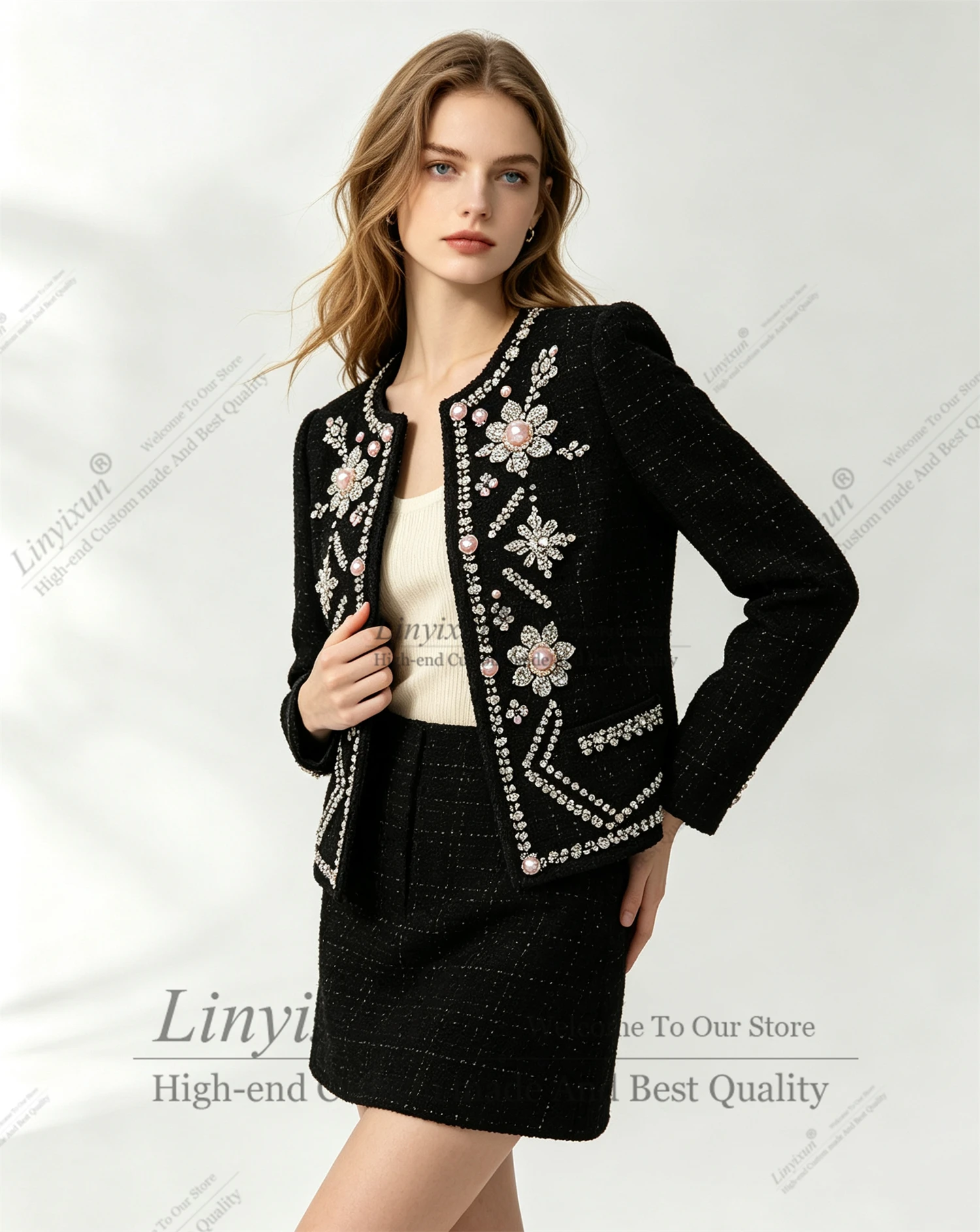 Female Elegant Crystal  Fringed Blazers Coat Weave Jacket Tops + A-Line Pleated Skirt Autumn Winter 2pcs Woman Suit Customized