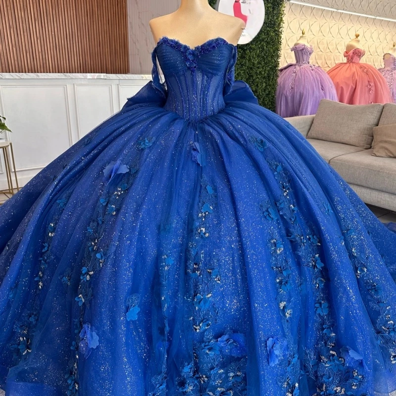 

Royal Blue Shiny Quinceanera Dresses Ball Gown Off The Shoulder Applique Flower Beads Bow Tull Sweet 16 Dress Vestidos 15 De