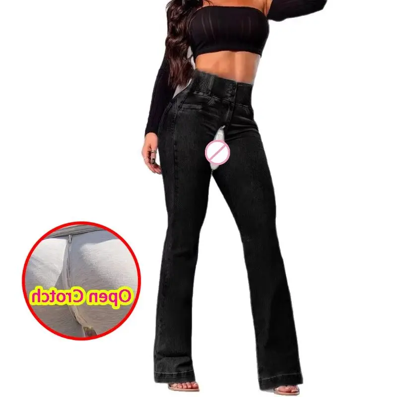 Woman Open Crotch Jeans Pants High Waist Stretch Micro Bell Three Zipper Bootcut Outdoor Sexy Elastic Waistband Ripped Pants