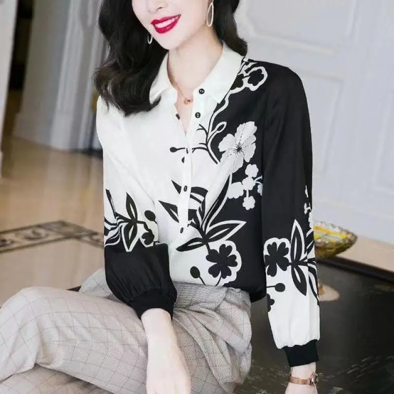 Stylish Chinese Style Printed Shirt Spring Long Sleeve Commute Turn-down Collar Female Clothing Single-breasted Spliced Blouse