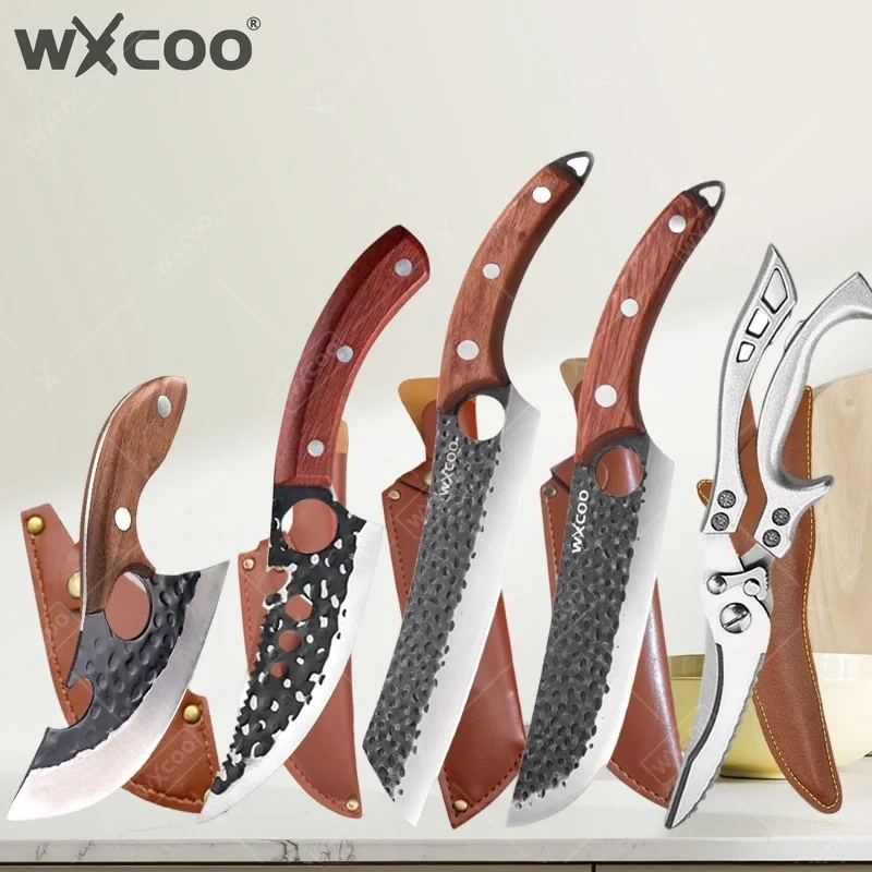 WXCOO Stainless Steel Kitchen Knife Fruit Paring Vegetable Slicing Utility Knife Hand-forged Butcher Cleaver Knife Wooden Handle