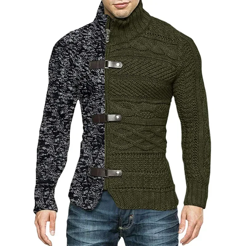 Autumn Winter Mens Sweatercoat Patchwork Turtleneck Cardigan Man Casual Knitted Slim Fit Long Sleeve Fashion Sweater Outerwear