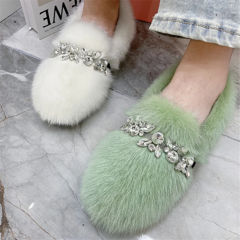 Green Women Flat Shoes Crystal Casual Loafers Winter Warm Mink Fur Espadrilles Ladies Walking Driving Zapatos Mujer Flats